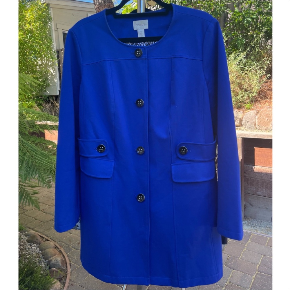 Chico's Women's Blue Blazer Pea Coat Animal Print Lined Button Up - Size 2